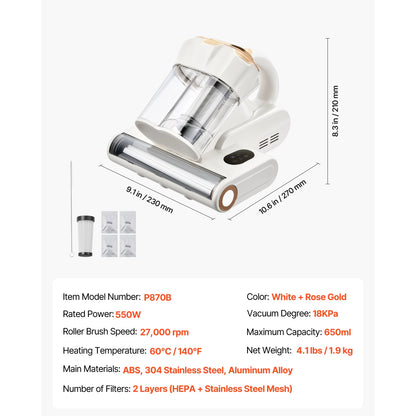 SucceBuy Mattress Vacuum Cleaner w/ 18Kpa Powerful Suction Dual Dust Bin HEPA Filter & Heating Ultrasound Handheld for Bed Sofa
