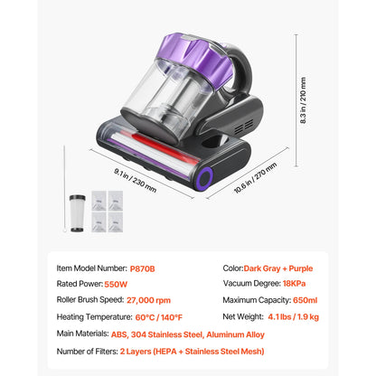 SucceBuy Mattress Vacuum Cleaner w/ 18Kpa Powerful Suction Dual Dust Bin HEPA Filter & Heating Ultrasound Handheld for Bed Sofa